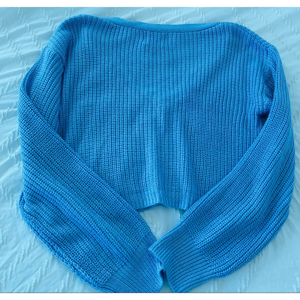 PINK ROSE Blue Cropped Cardigan Sweater women L - Picture 3 of 7